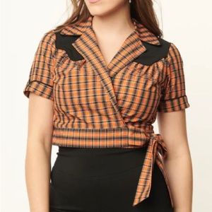 Unique Vintage 1950s Black & Orange Western Shimmer Plaid Wrap Star Cropped Top